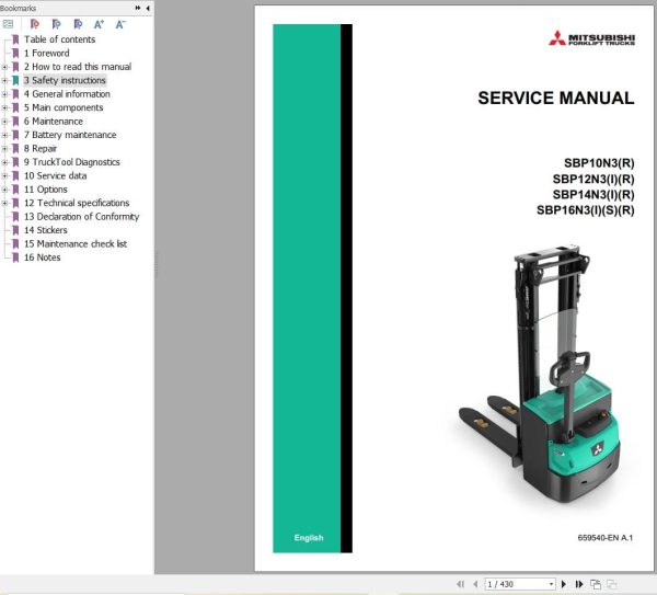 Mitsubishi Forklift SBP10N3(R) to SBP16N3(I)(S)(R) Diagrms and Service Manual (1)