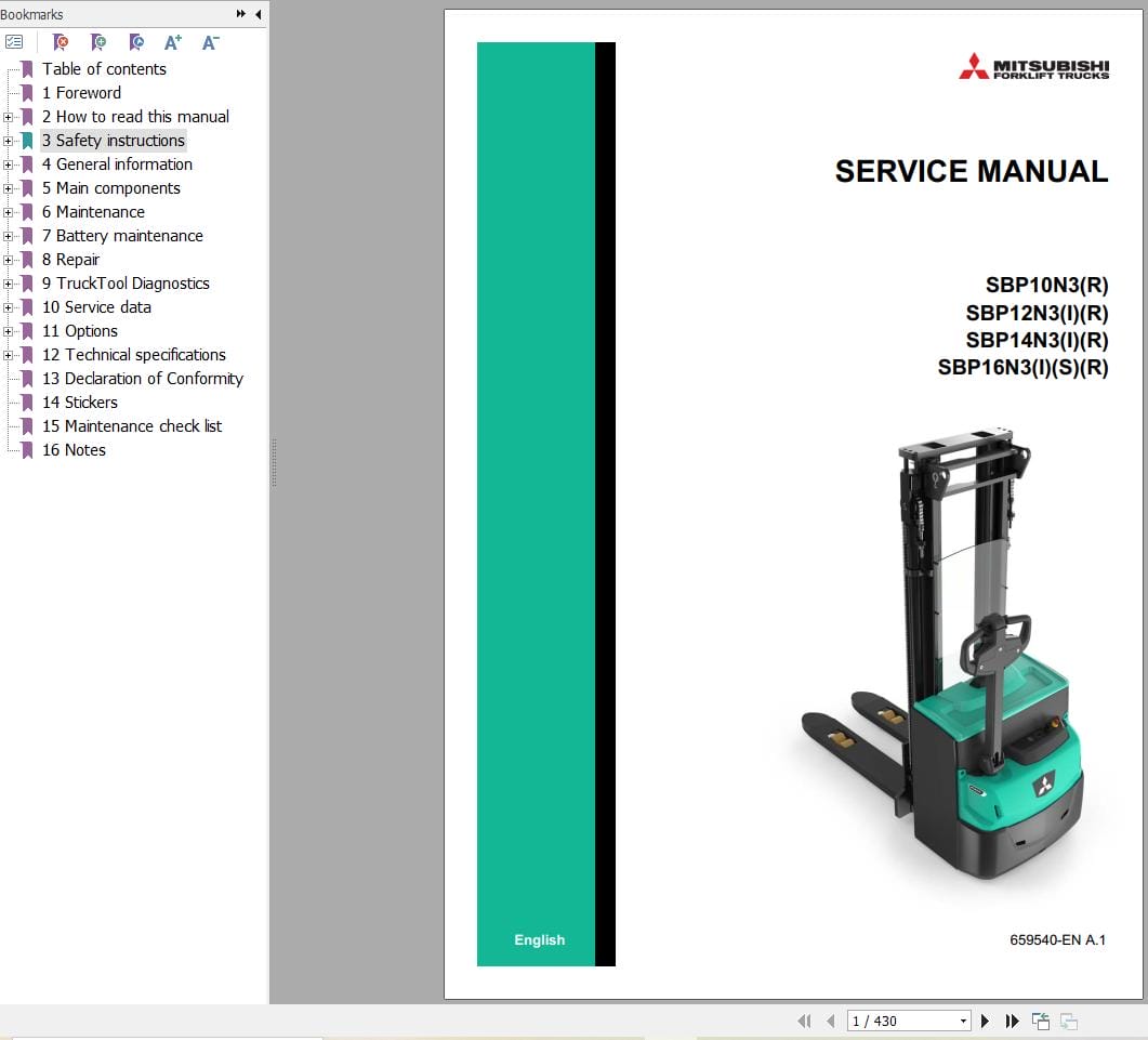 Mitsubishi Forklift SBP10N3(R) to SBP16N3(I)(S)(R) Diagrms and Service Manual (1)