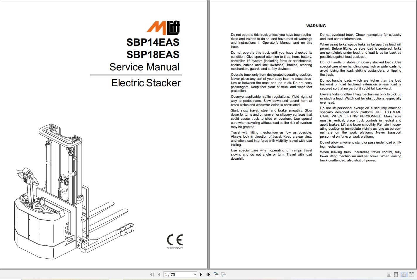 Mlift Forklift SBP14EAS Service Operation Parts Manual (1)