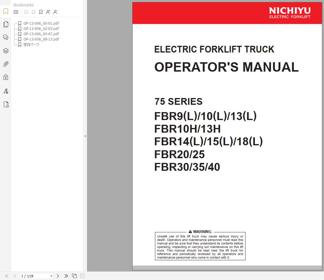 Nichiyu Forklift FBR9 40 75 Series Operators Manual (1)