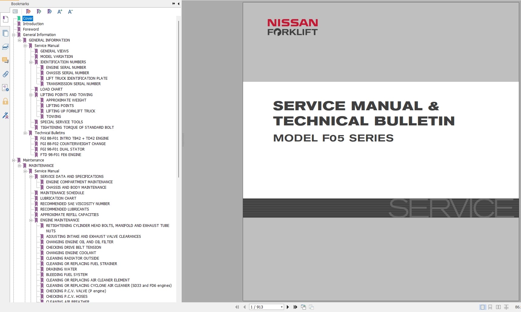 Nissan Forklift F05 Series Service Manual And Technical Bulletin SM4E 0F05G0 (1)