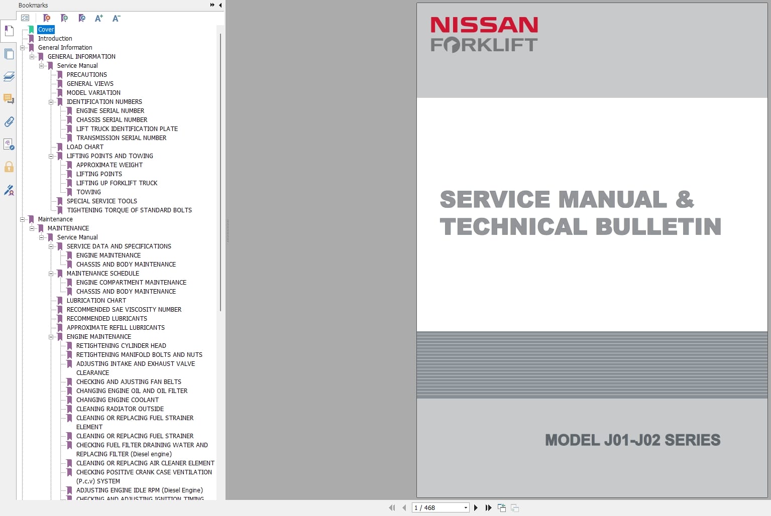 Nissan Forklift J01 J02 Series Service Manual And Technical Bulletin SM3E J012G0 (1)
