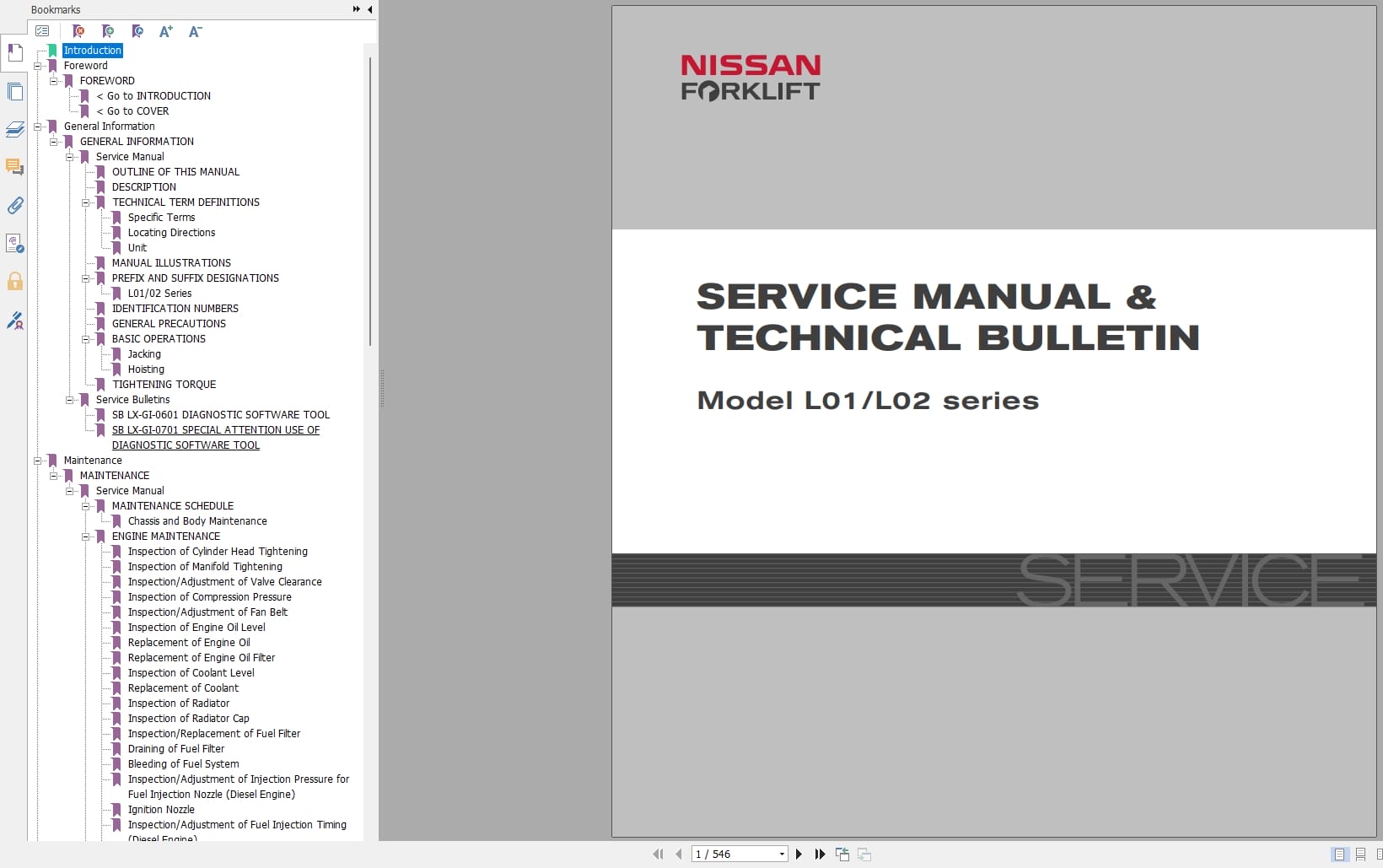 Nissan Forklift L01 L02 Series Service Manual And Technical Bulletin SM03E L012G0 (1)