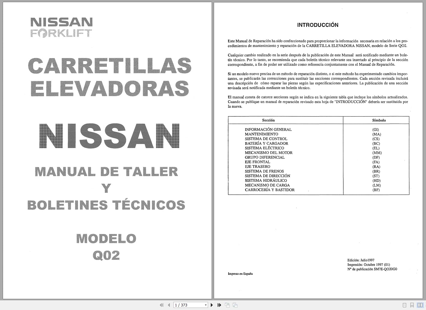 Nissan Forklift Q02 Series Workshop Manual And Technical Bulletin SM7E QO20G0 ES (1)