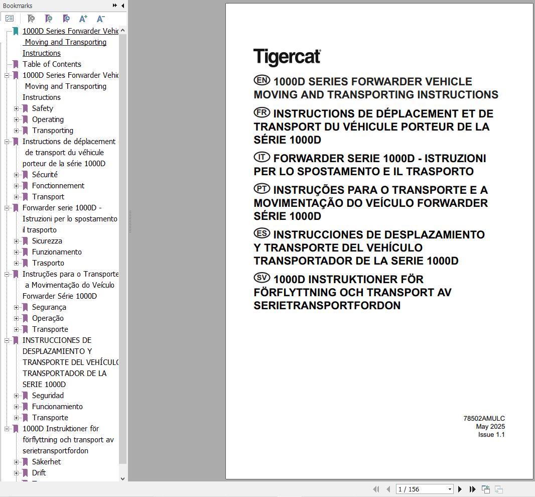 Tigercat 1000D Series Forwarder Vehicle Moving And Transporting Instructions 78502AMULC