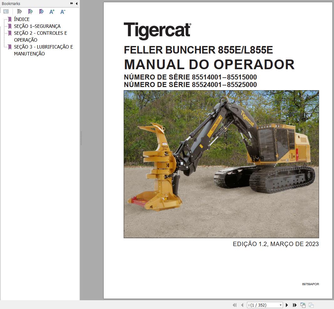 Tigercat Feller Buncher 855E L855E Operation Manual 69759APOR PT