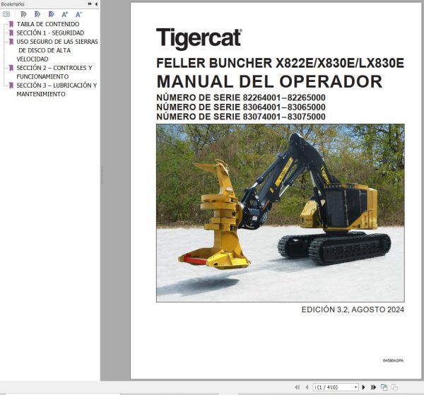 Tigercat Feller Buncher X822E X830E LX830E Operator Manual 64586ASPA ES