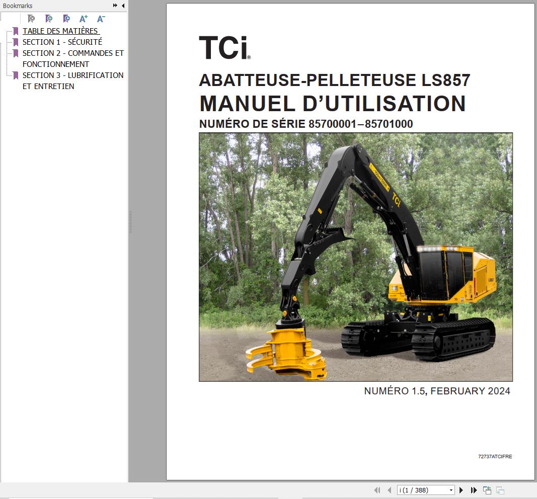 Tigercat Harvester Backhoe LS857 Operation Manual 72737ATCIFRE FR