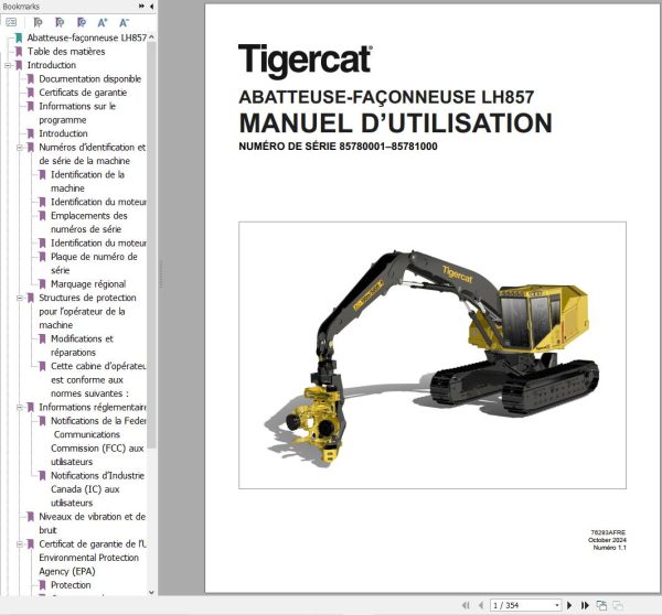 Tigercat Harvester LH857 Operation Manual 76293AFRE FR