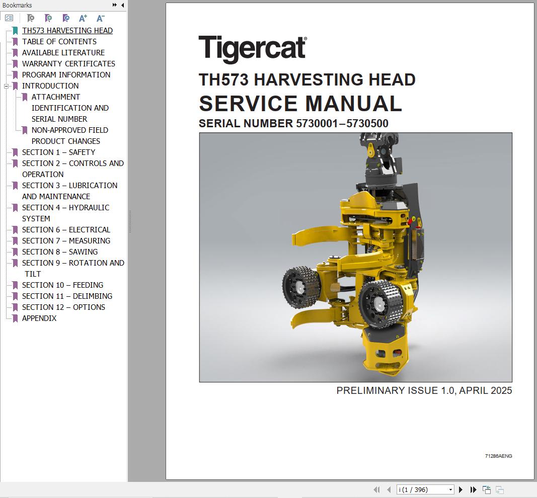 Tigercat Harvesting Head TH573 Service Manual 71286AENG