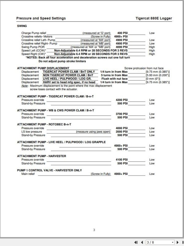Tigercat Logger 880E Pressure And Speed Settings FAR10508 1