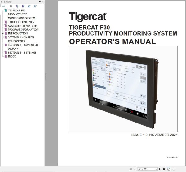 Tigercat Productivity Monitoring System F30 Operation Manual 75322AENGC