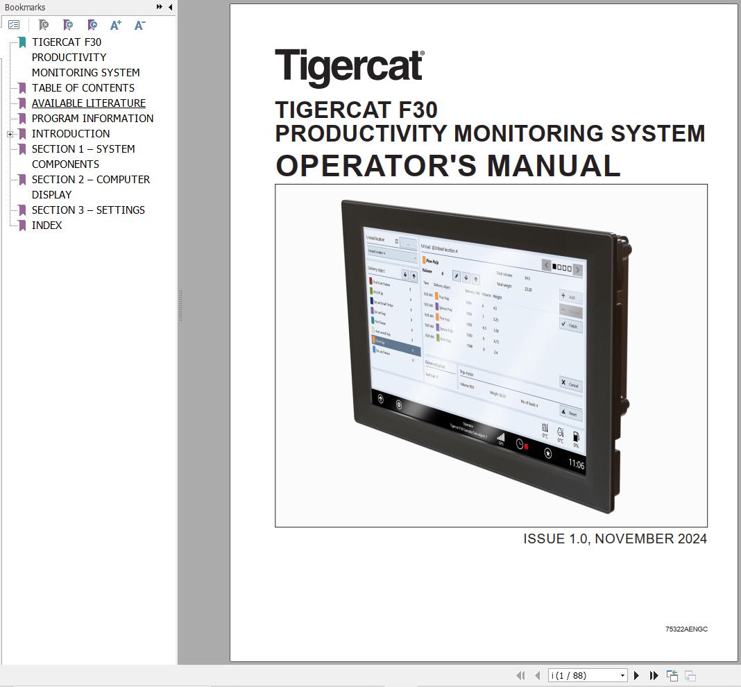 Tigercat Productivity Monitoring System F30 Operation Manual 75322AENGC