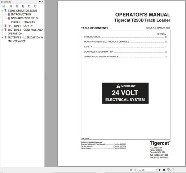 Tigercat Track Loader T250B Operator Manual