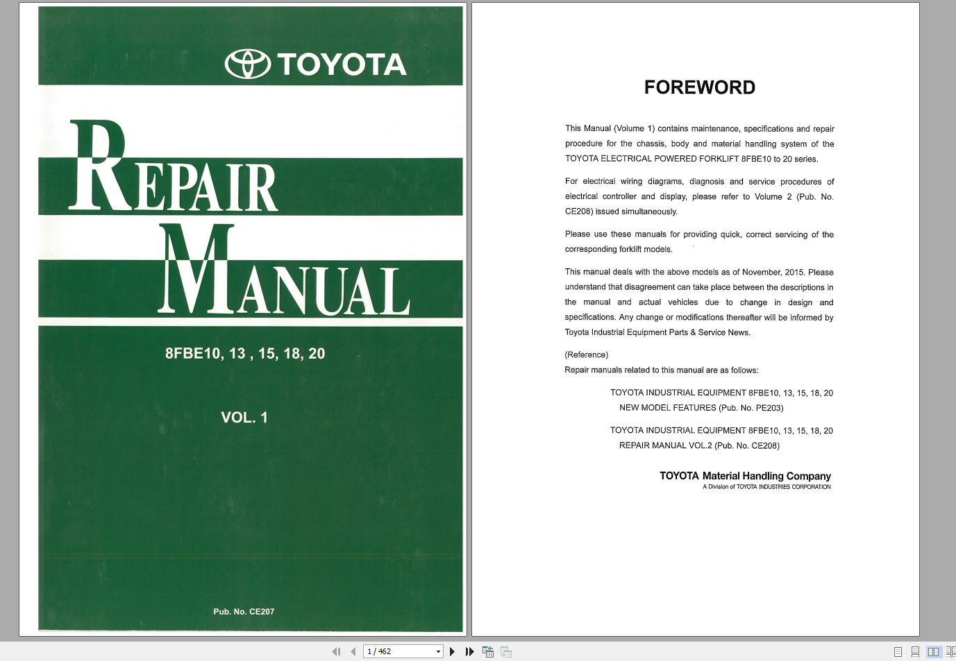 Toyota Forklift 8FBE10 20 Repair Manual Vol.1 CE207 (1)