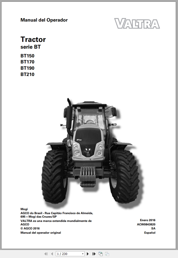 Valtra Tractor BT150 BT170 BT190 BT210 Operator Manual ACW0843820 2016 ES (1)