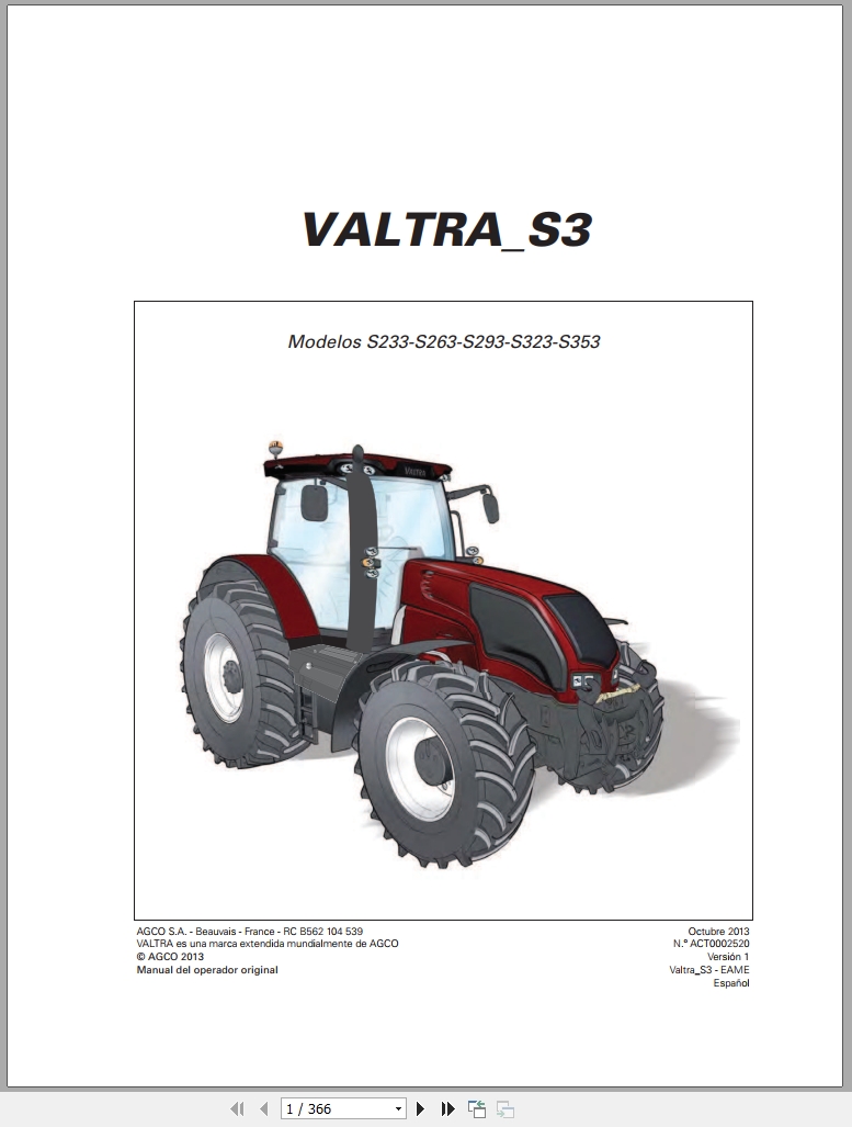 Valtra Tractor S233 S263 S293 S323 S353 Original Operators Manual ACT0002520 2013 ES (1)