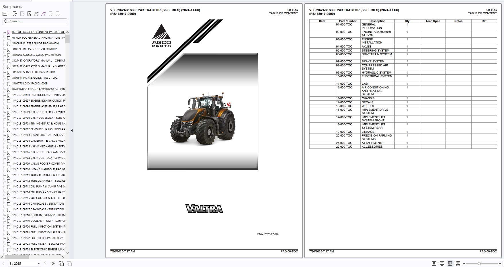 Valtra Tractor S396 2A3 S6 Series 2024 XXXX RS178017 9999 Parts Catalog (1)