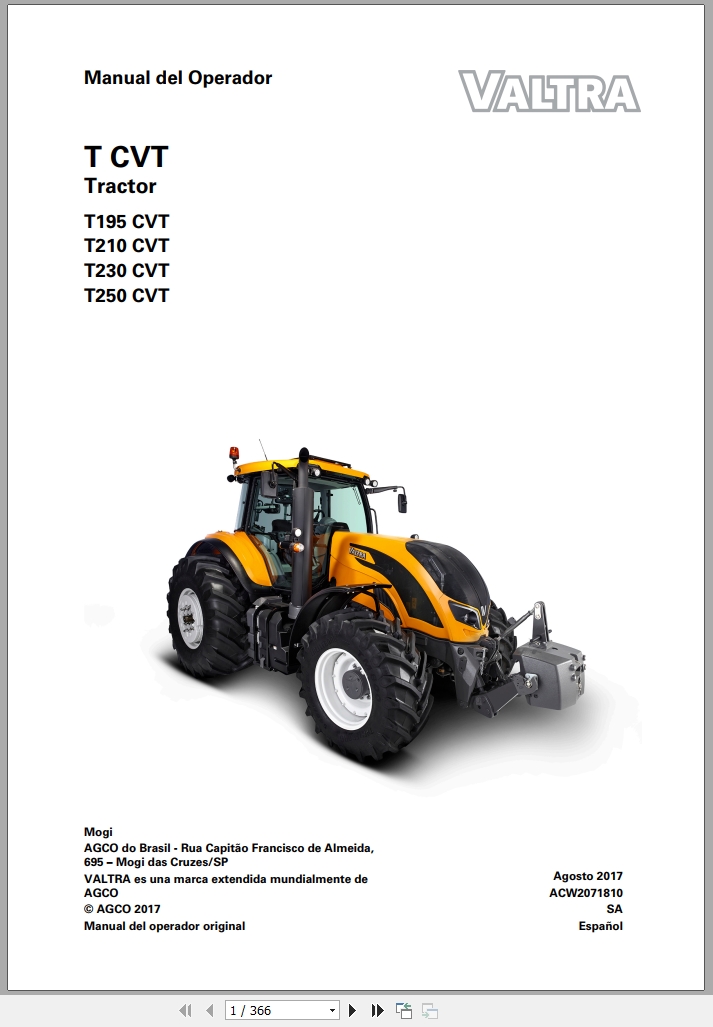 Valtra Tractor T195 T210 T230 T250 CVT Operators Manual ACW2071810 2017 ES (1)