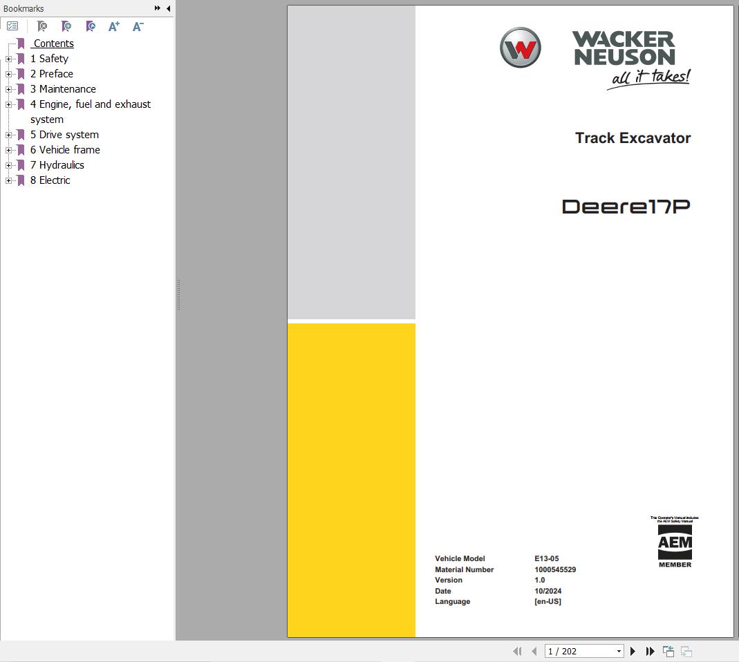 Wacker Neuson Excavator Deere 17P Parts and Repair Service Manual