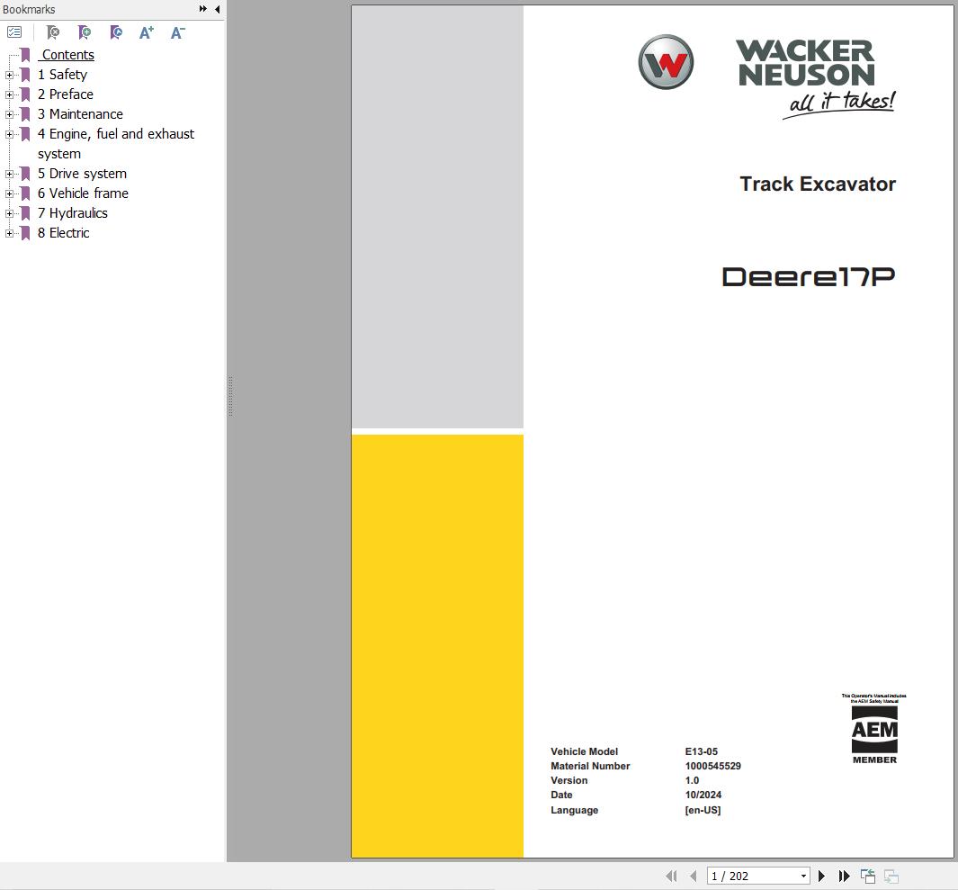 Wacker Neuson Track Excavator Deere 17P Repair Manual 1000545529