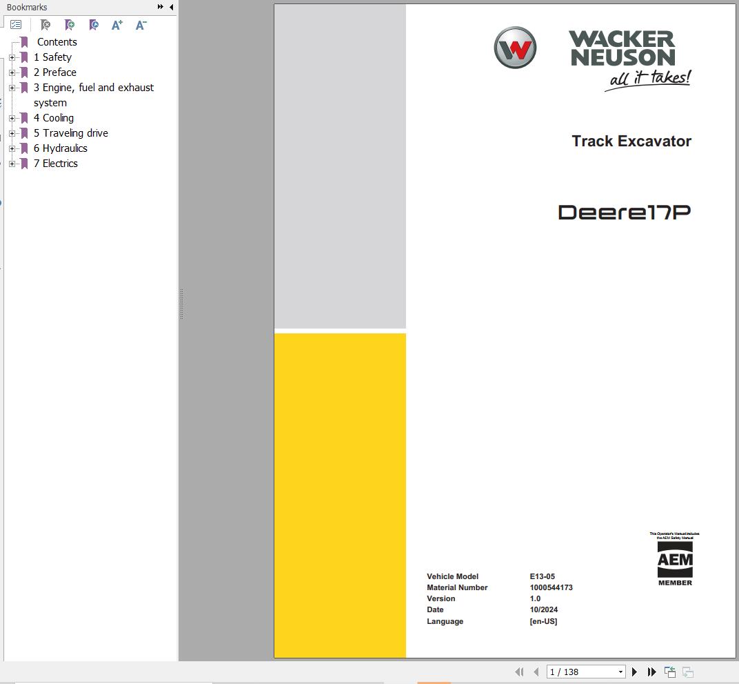 Wacker Neuson Track Excavator Deere 17P Service Manual 1000544173