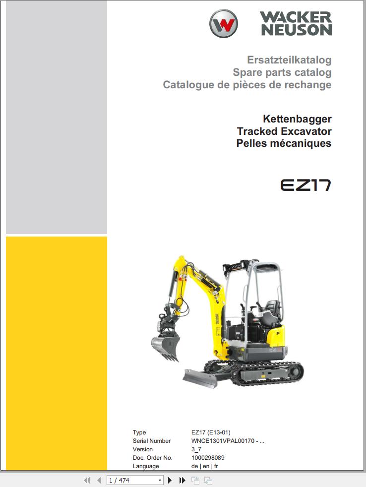 Wacker Neuson Track Excavator EZ17 Parts Catalog 1000298089