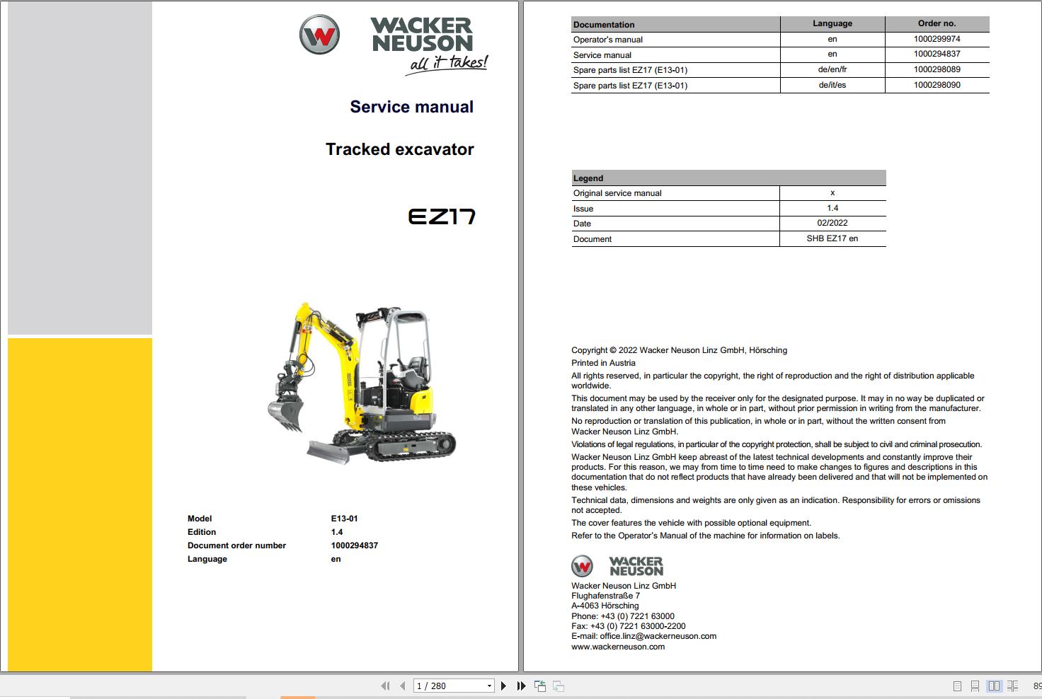 Wacker Neuson Track Excavator EZ17 Service Manual 1000294837