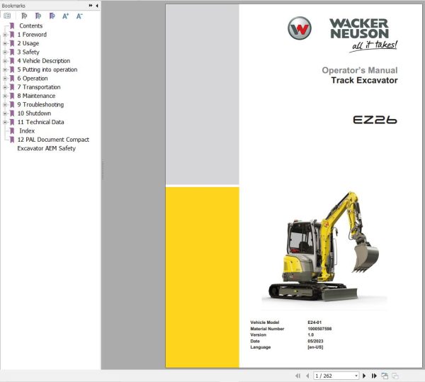 Wacker Neuson Track Excavator EZ26 Operation Service Manual 1