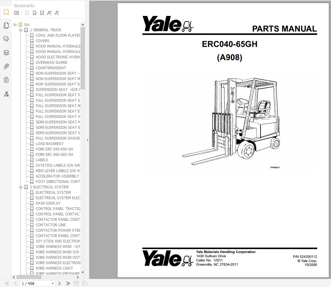 Yale Forklift ERC040 65GH A908 Parts Manual 524200112 (1)