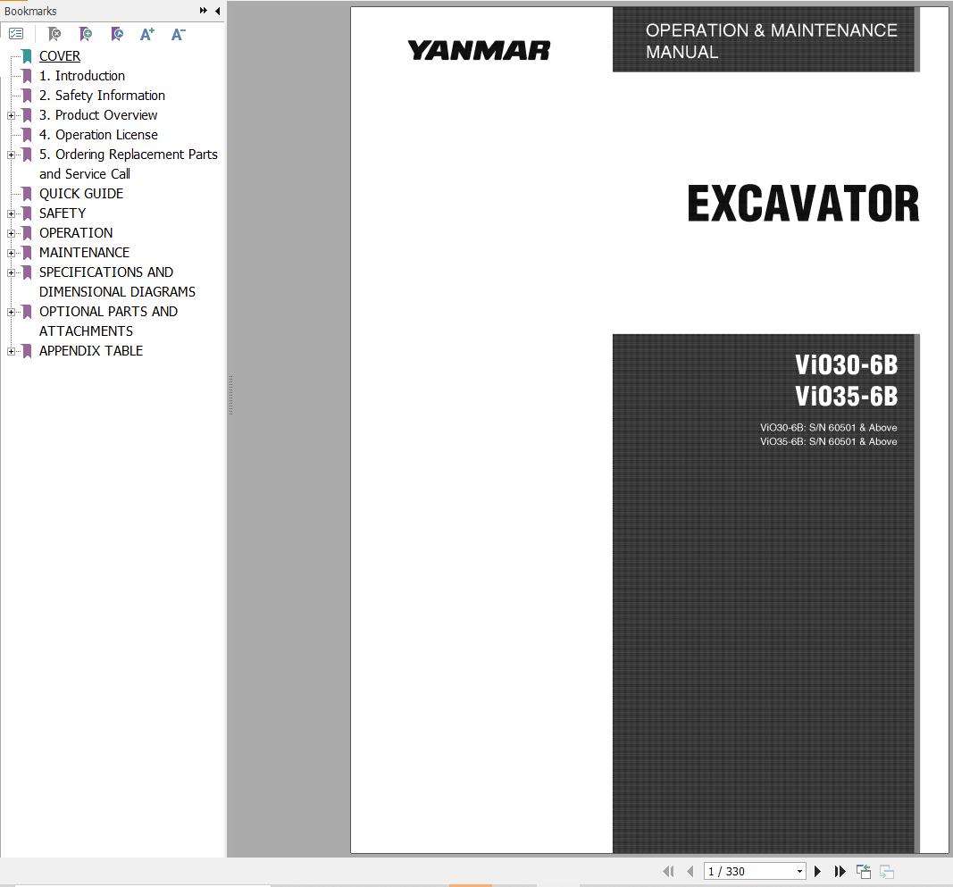 Yanmar Excavator ViO30 6B ViO35 6B Operation Maintenance Manual 0AKB3 G00100 (1)