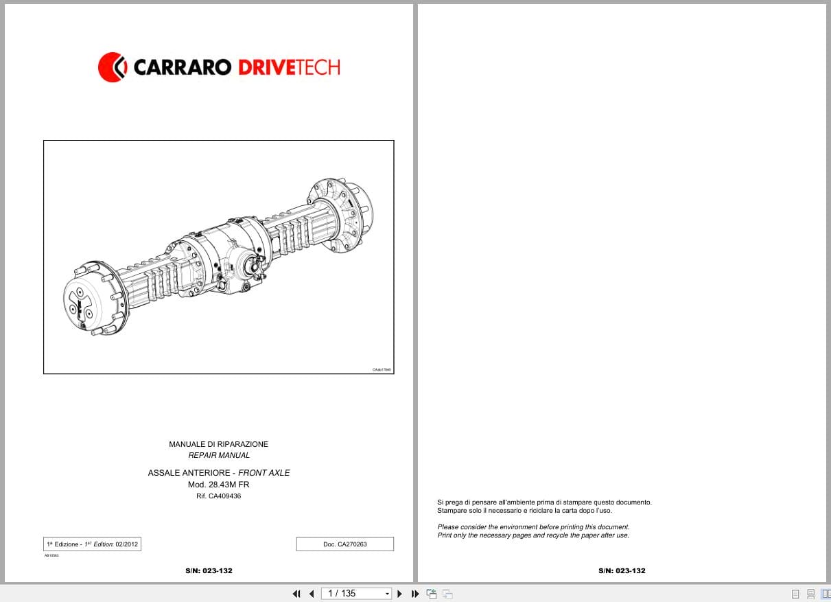 Antonio Carraro Front Axle 28.43M FR Repair Manual CA270263 2012 IT EN (1)