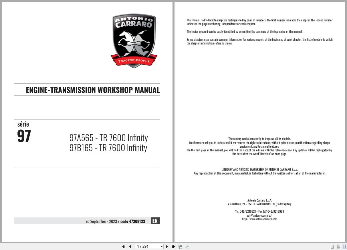 Antonio Carraro TR7600 TR7600 Infinity Engine Transmission Workshop Manual 47308133 (1)