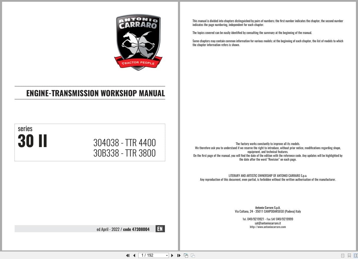 Antonio Carraro TTR4400 TTR3800 Engine Transmission Workshop Manual 47308004 (1)