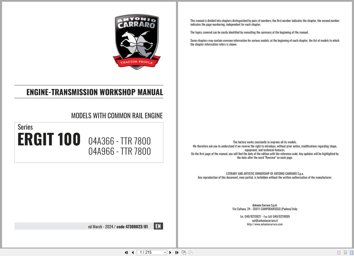 Antonio Carraro TTR7800 Engine Transmission Workshop Manual 47308023 01 2024 (1)