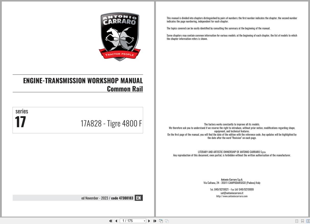 Antonio Carraro Tigre 4800F Engine Transmission Workshop Manual 47308183 2023 (1)