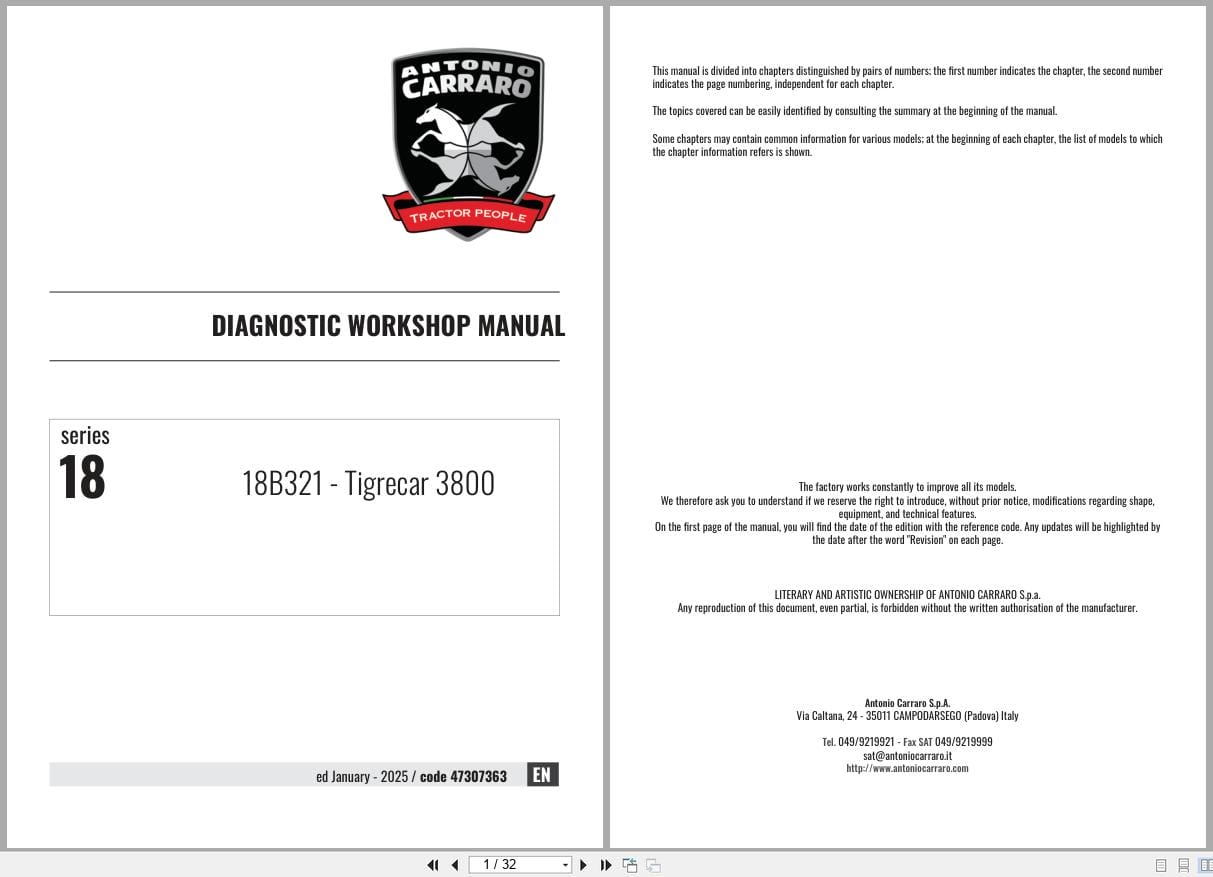 Antonio Carraro Tigrecar 3800 Diagnostic Workshop Manual 47307363 2025 (1)