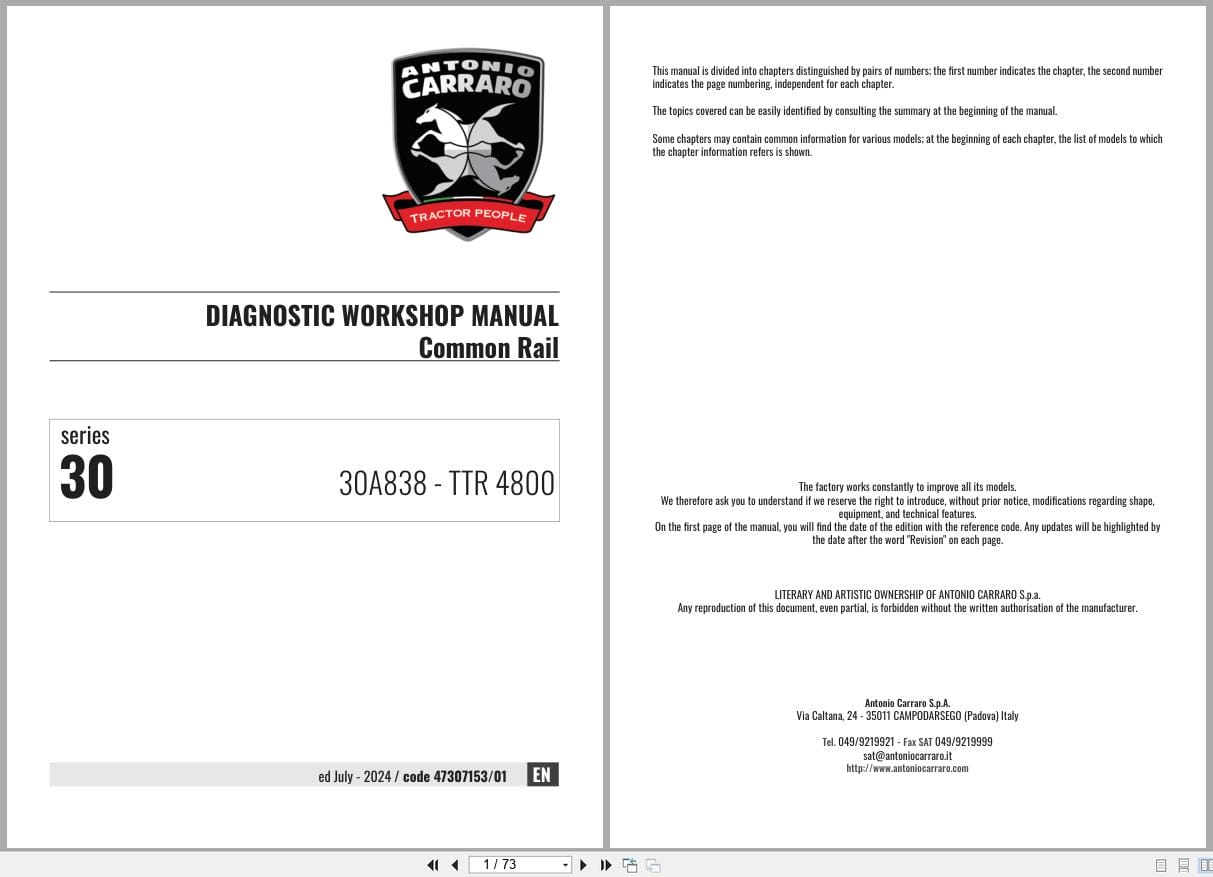Antonio Carraro Tractor TTR 4800 Diagnostic Workshop Manual 47307153 01 2024 (1)