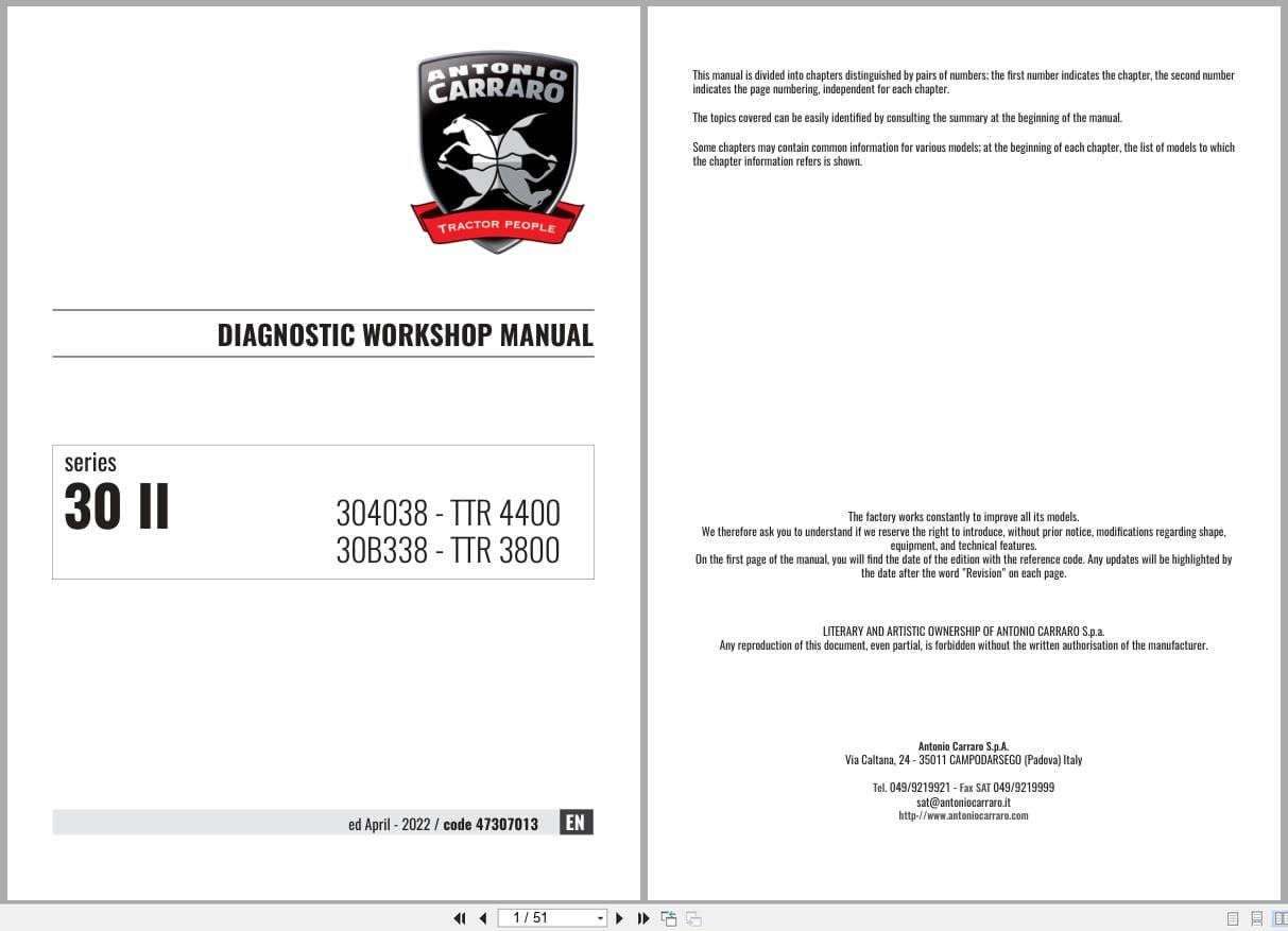 Antonio Carraro Tractor TTR4400 TTR3800 Diagnostic Workshop Manual 47307013 (1)