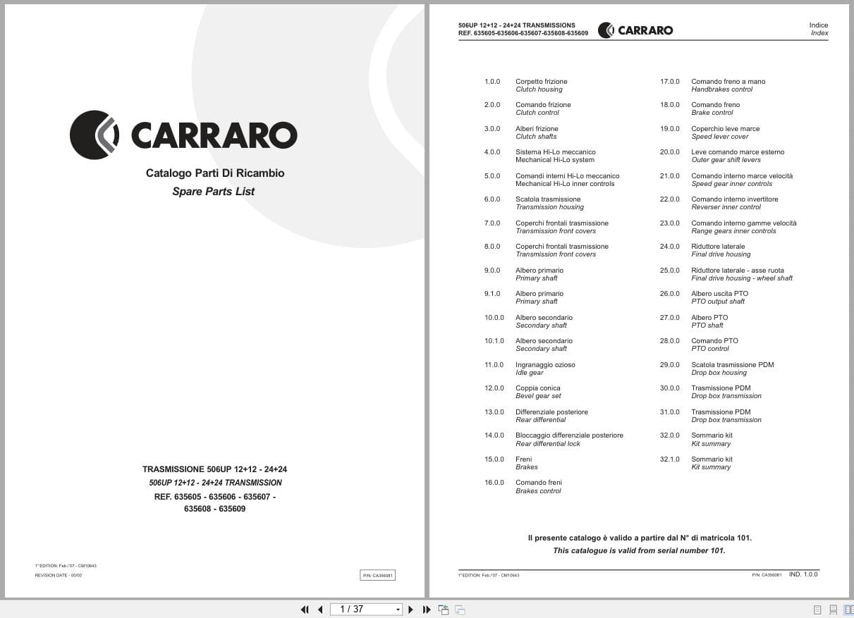 Antonio Carraro Transmission 506UP 12+12 24+24 Parts Manual CA356081 IT EN (1)