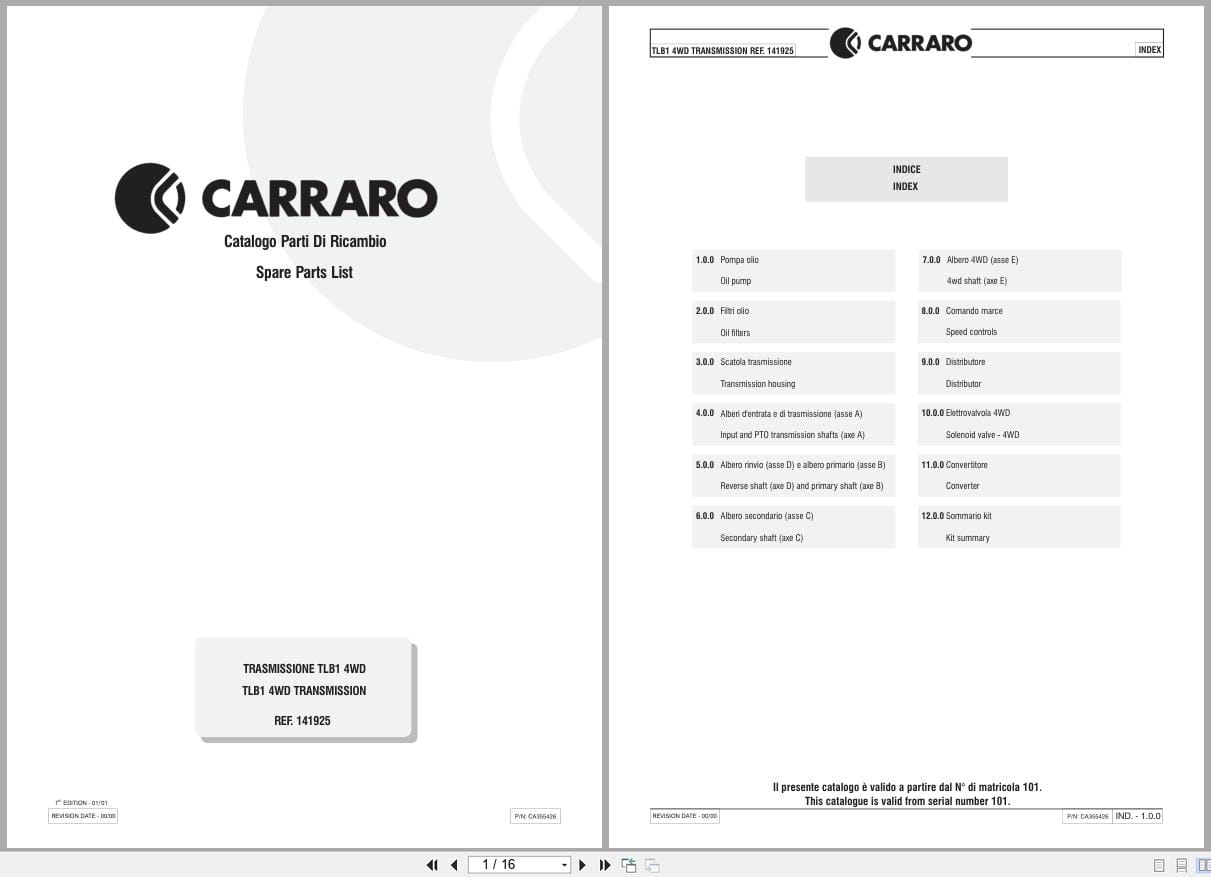Antonio Carraro Transmission TLB1 4WD Spare Parts List CA355426 2001 IT EN (1)