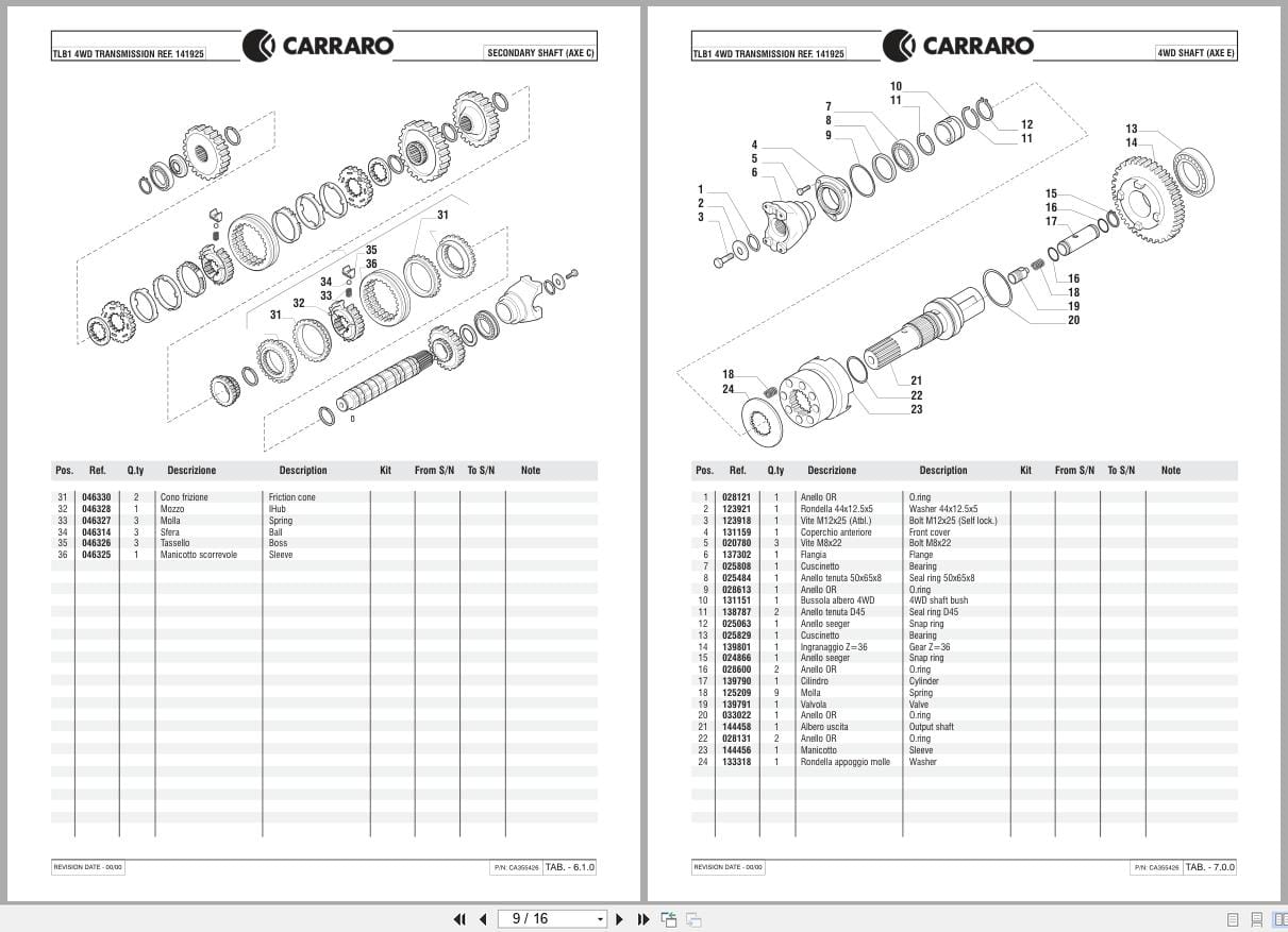 Antonio Carraro Transmission TLB1 4WD Spare Parts List CA355426 2001 IT EN (2)