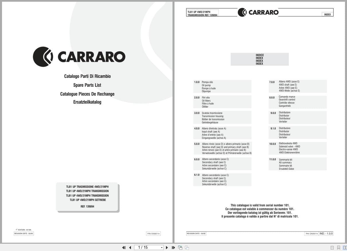 Antonio Carraro Transmission TLB1 UP 4WD 21MPH Spare Parts List CA355114 2000 IT EN (1)