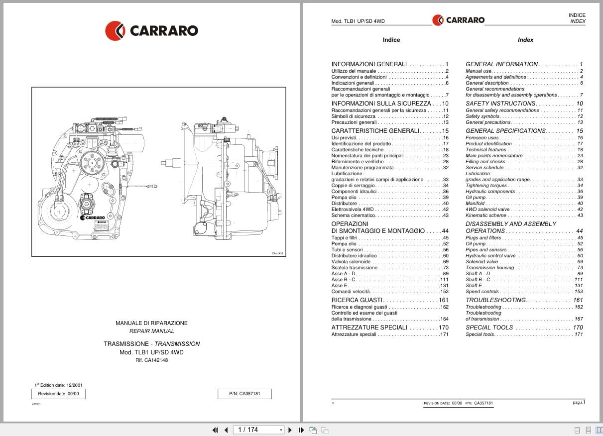 Antonio Carraro Transmission TLB1UP 4WD TLB1SD 4WD Repair Manual CA357181 2001 IT EN (1)