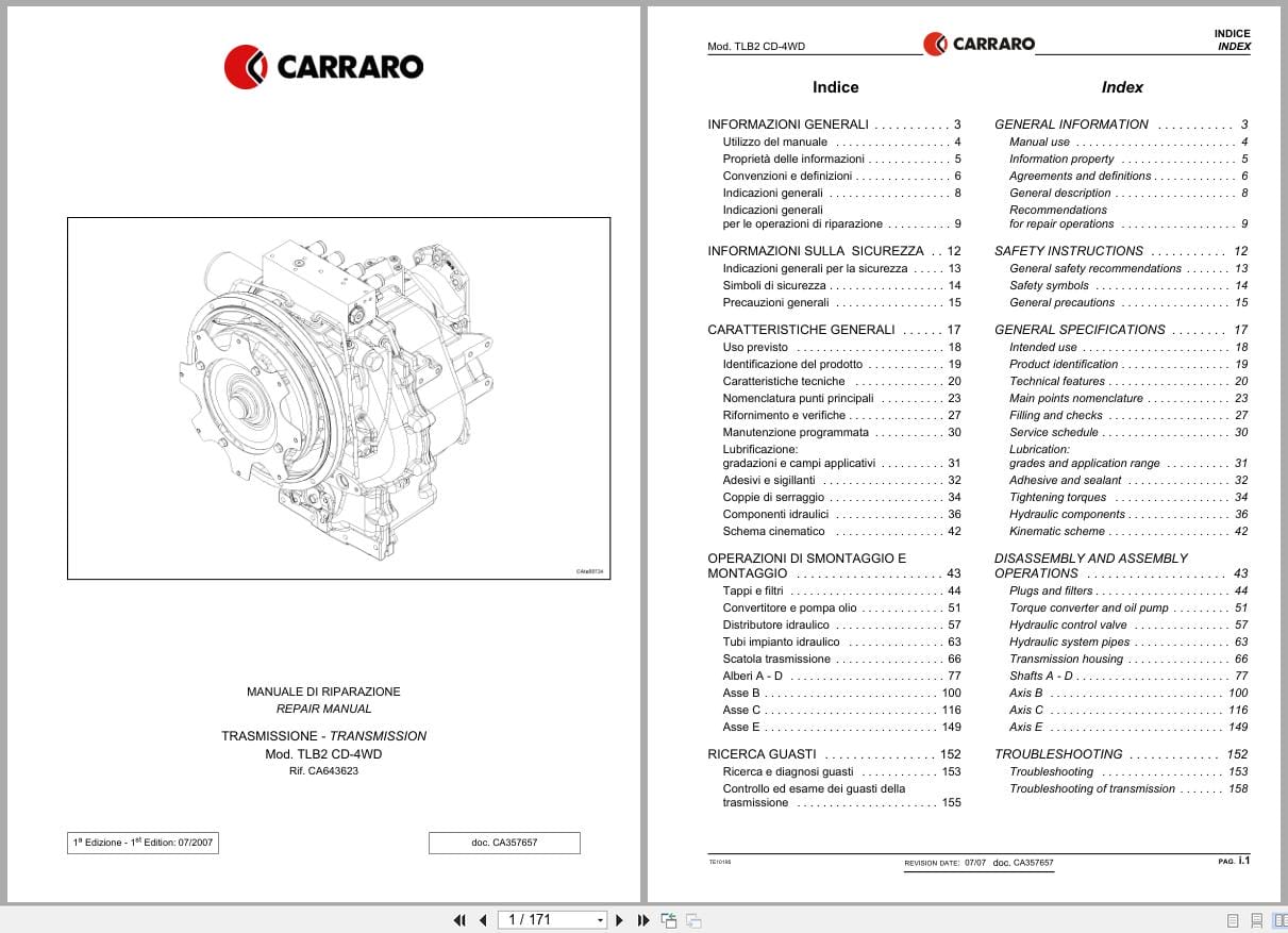Antonio Carraro Transmission TLBZ CD 4WD Repair Manual CA357657 2007 IT EN (1)