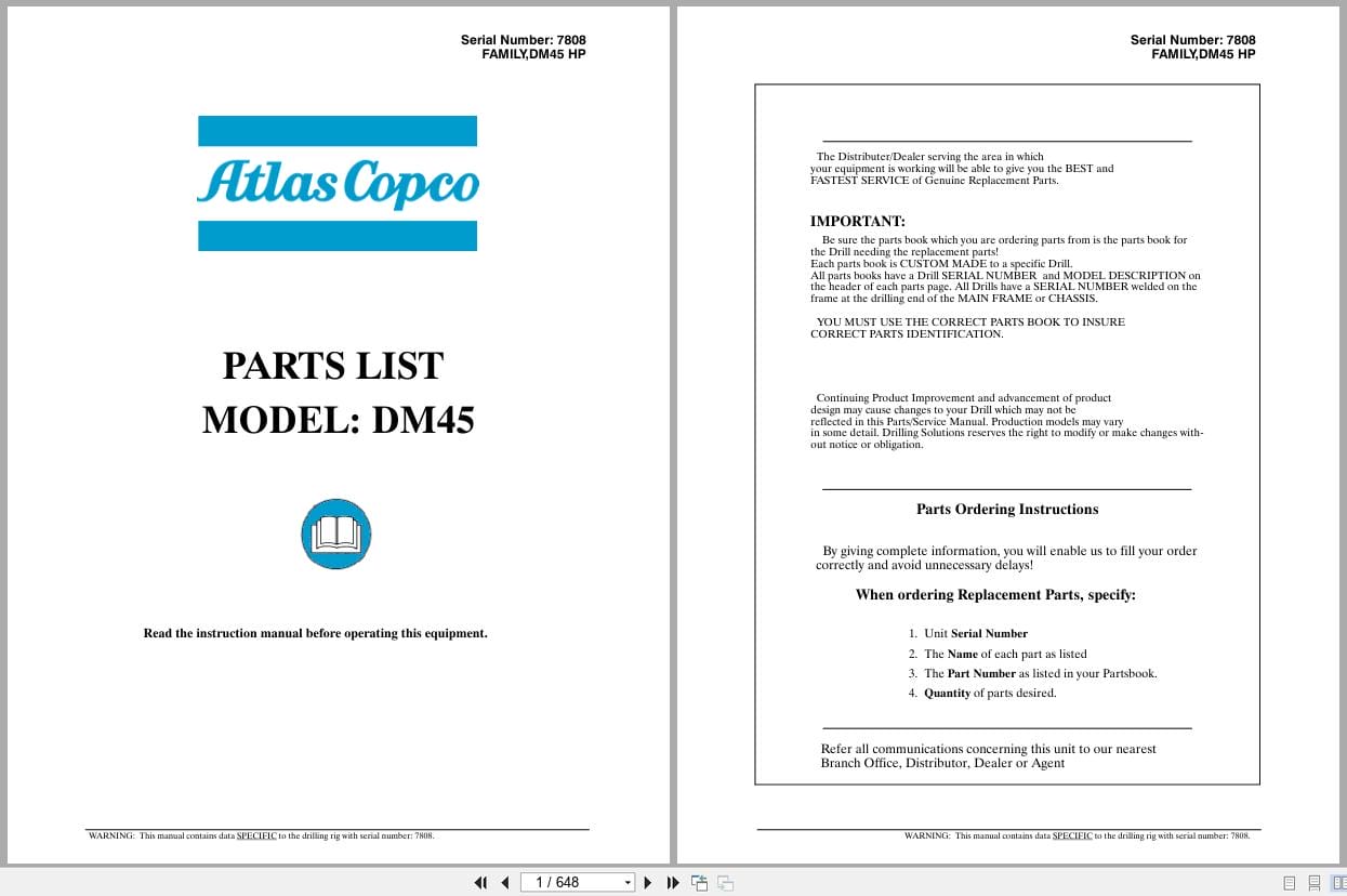 Atlas Copco Blast Hole Drill DM45 Parts List (1)