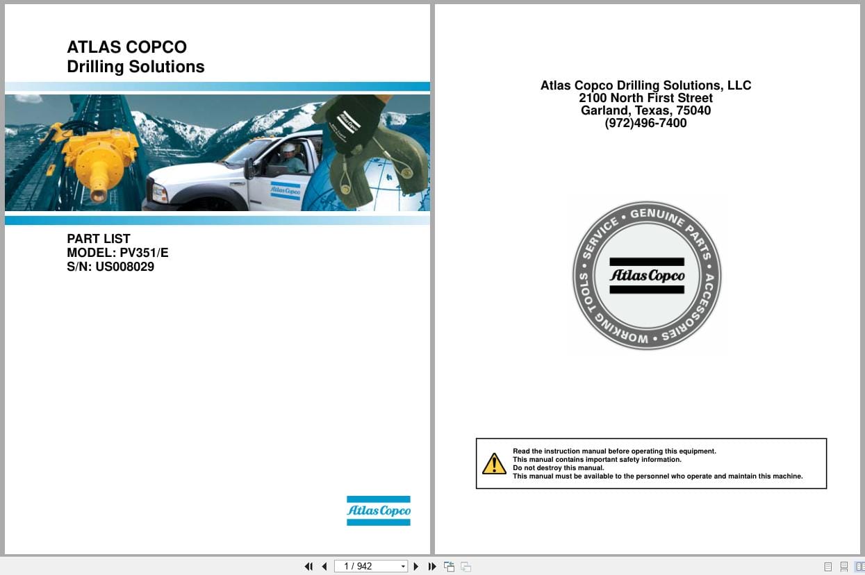 Atlas Copco Drill Rigs PV351 PV351E Parts List (1)