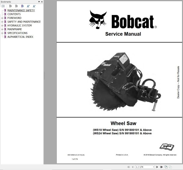 Bobcat Wheel Saw WS18 WS24 Service Manual 6901389enUS