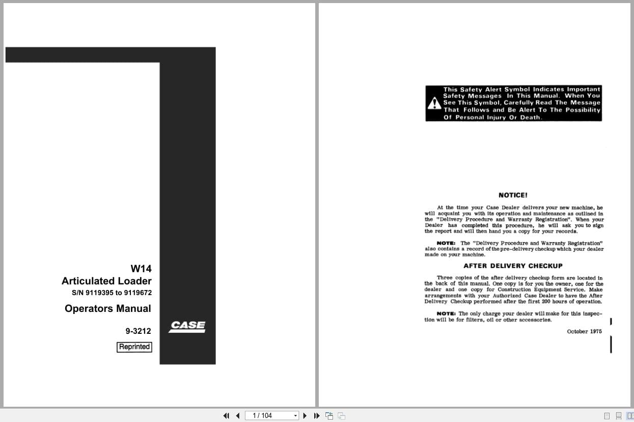 Case Articulated Loader W14 Operators Manual 9 3212 (1)