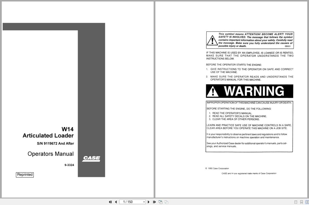 Case Articulated Loader W14 Operators Manual 9 3324 (1)